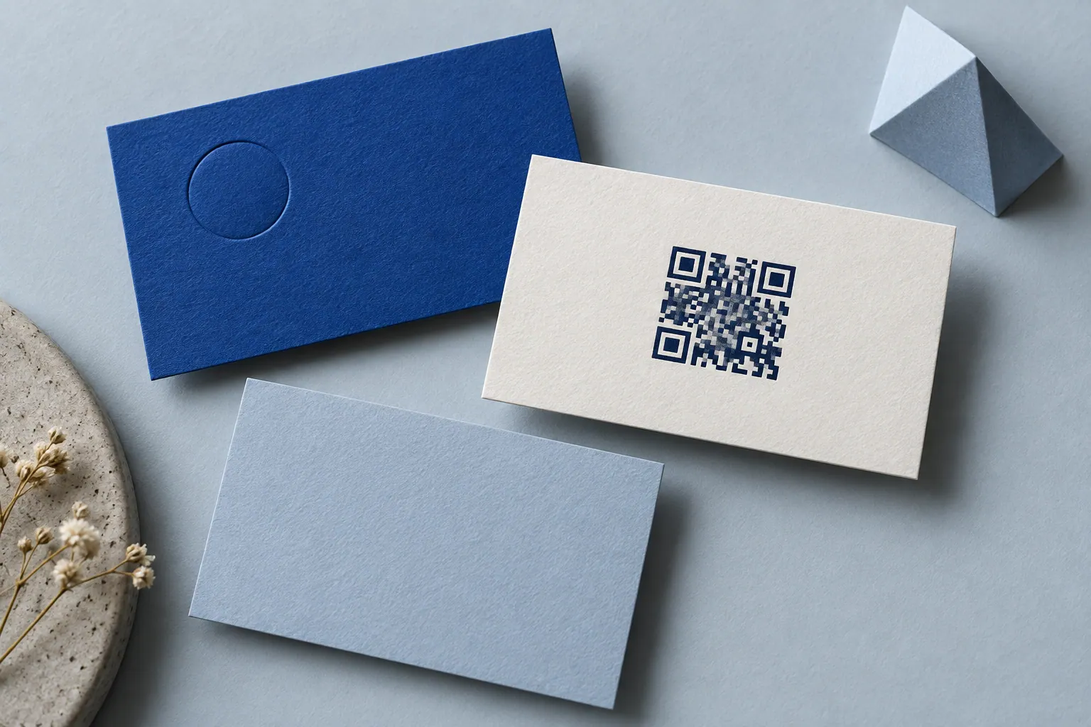 Illustration av visitkort i blått och vitt med ett dekorativt QR-motiv