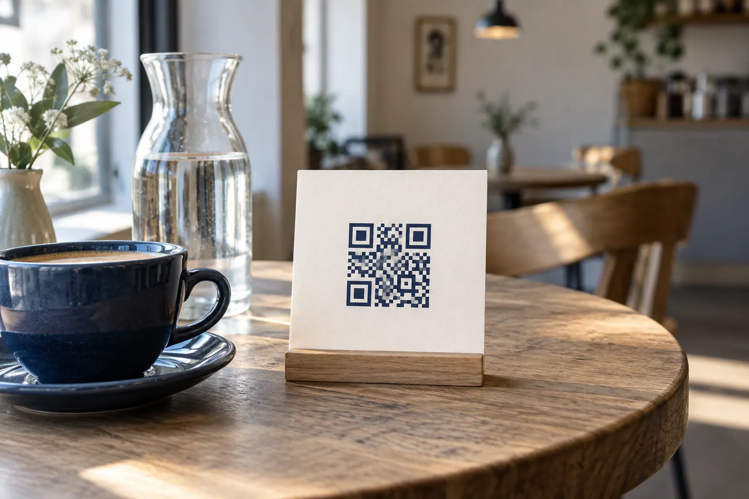 Illustration av ett QR-kort i en trähållare på ett kafébord