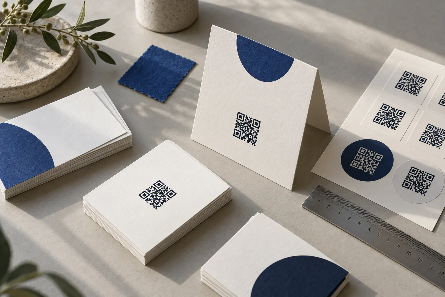 Illustration av tryckta kort, en bordsskylt och etiketter med QR-motiv på ett arbetsbord